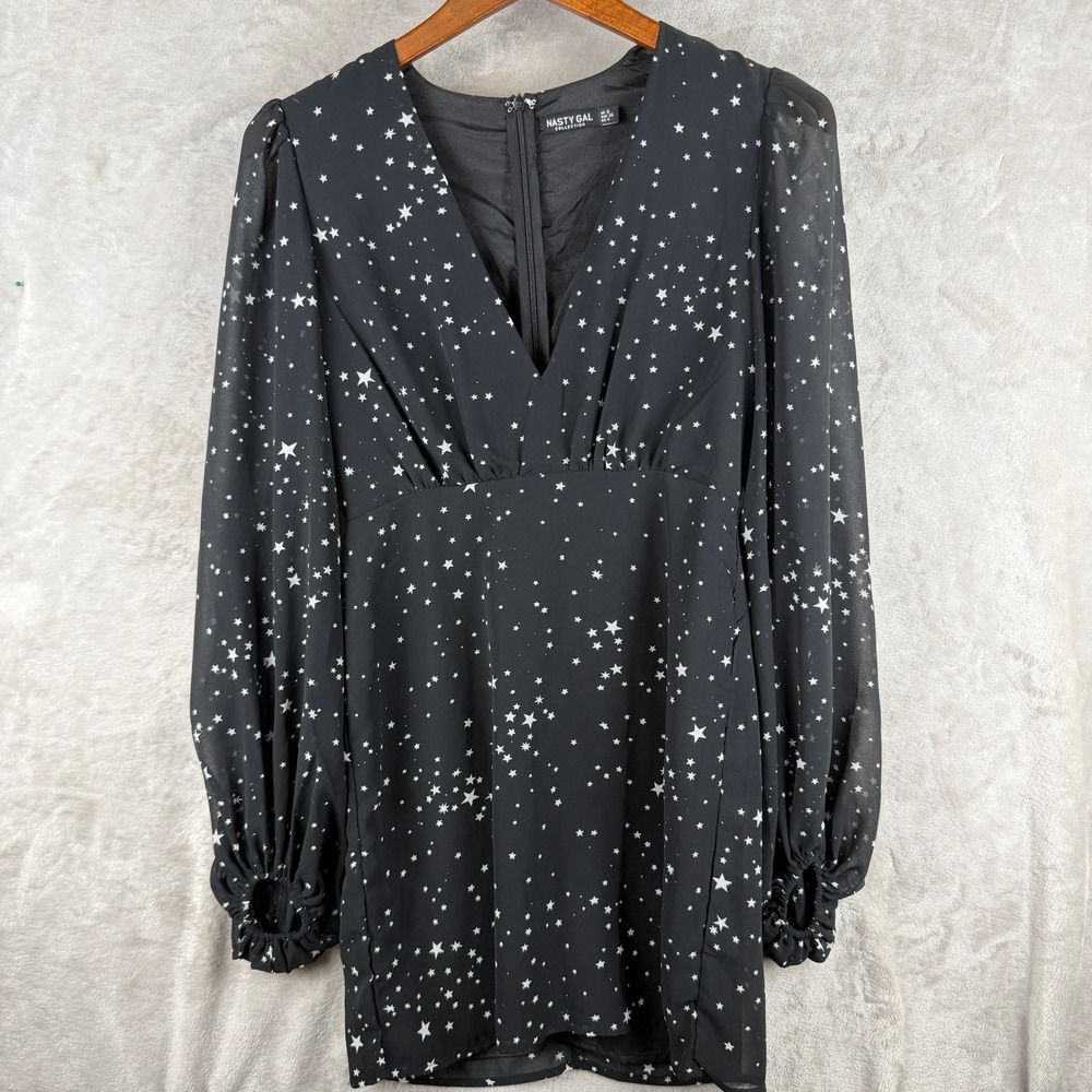 Star Print Mini Dress Black White‎ Celestial V-Neck Long Sleeve US 4